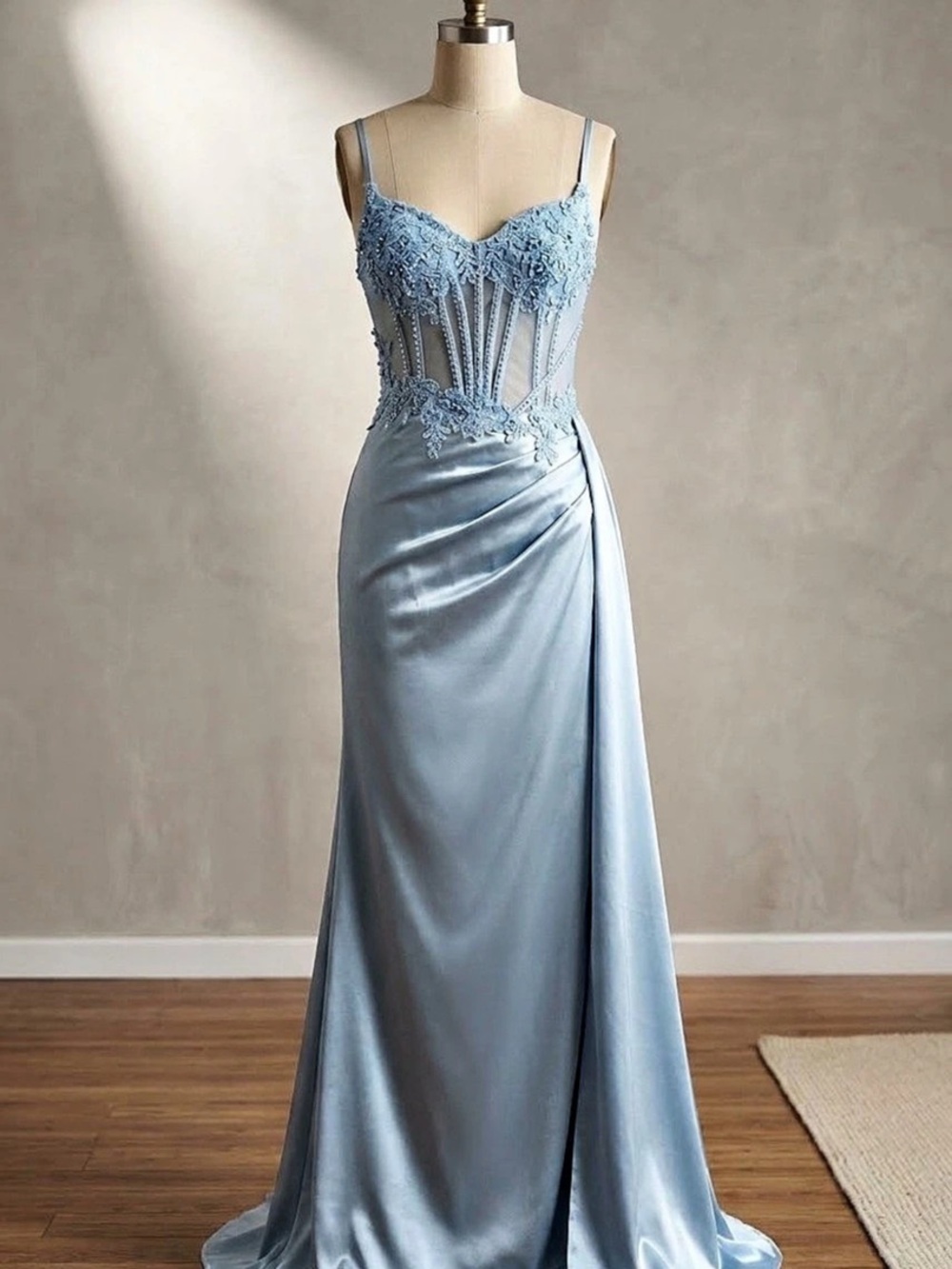 Lace Bodice Satin Maxi Dress in Blue Like New